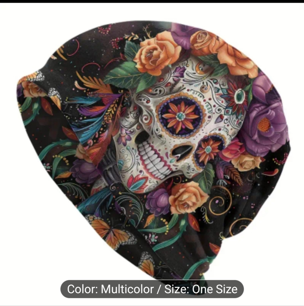 Colorful Skull Print Slouch Beanie - Picture 8 of 8